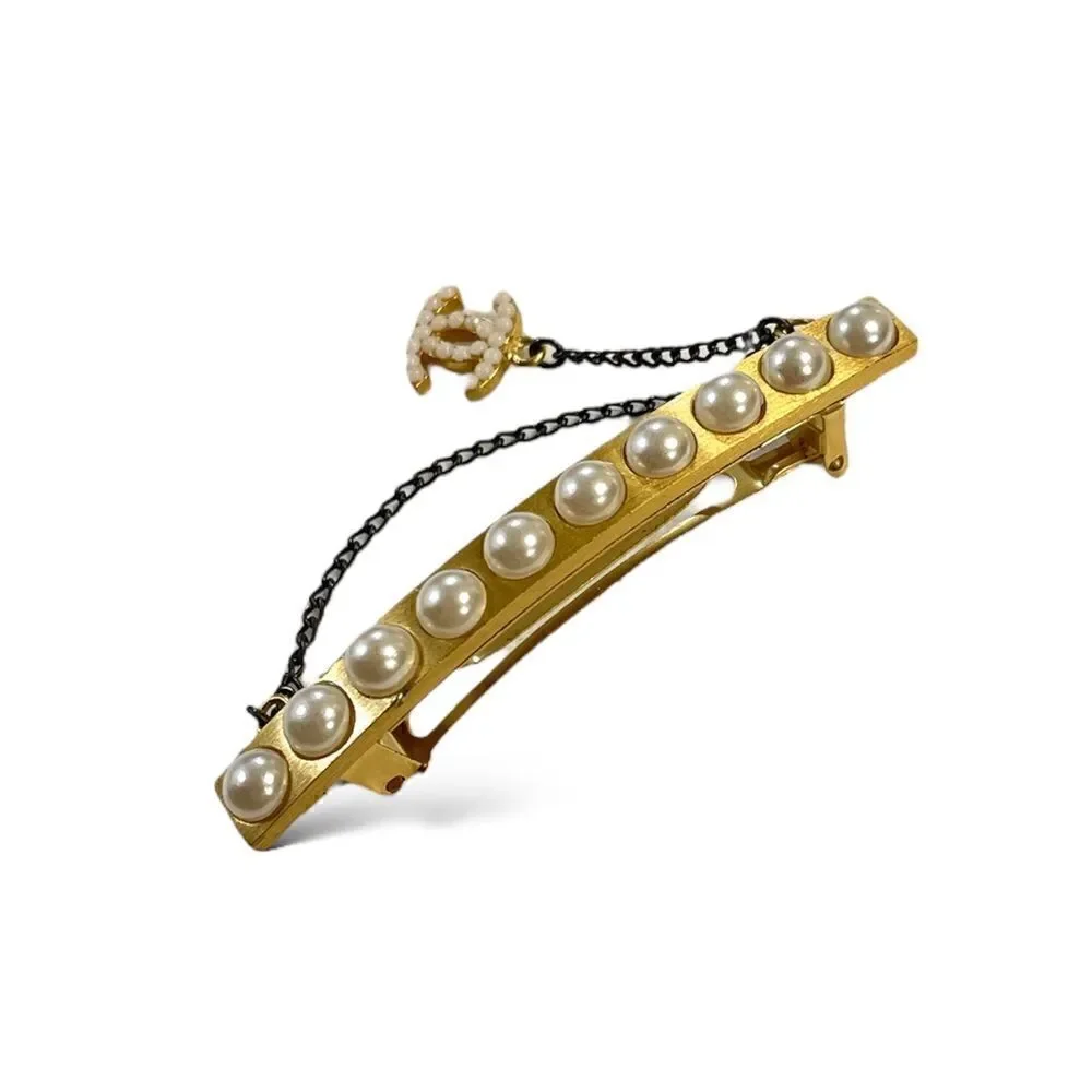 CHANEL Gold-Tone Vintage CC Logo & Faux Pearl French Snap Clip Barrette